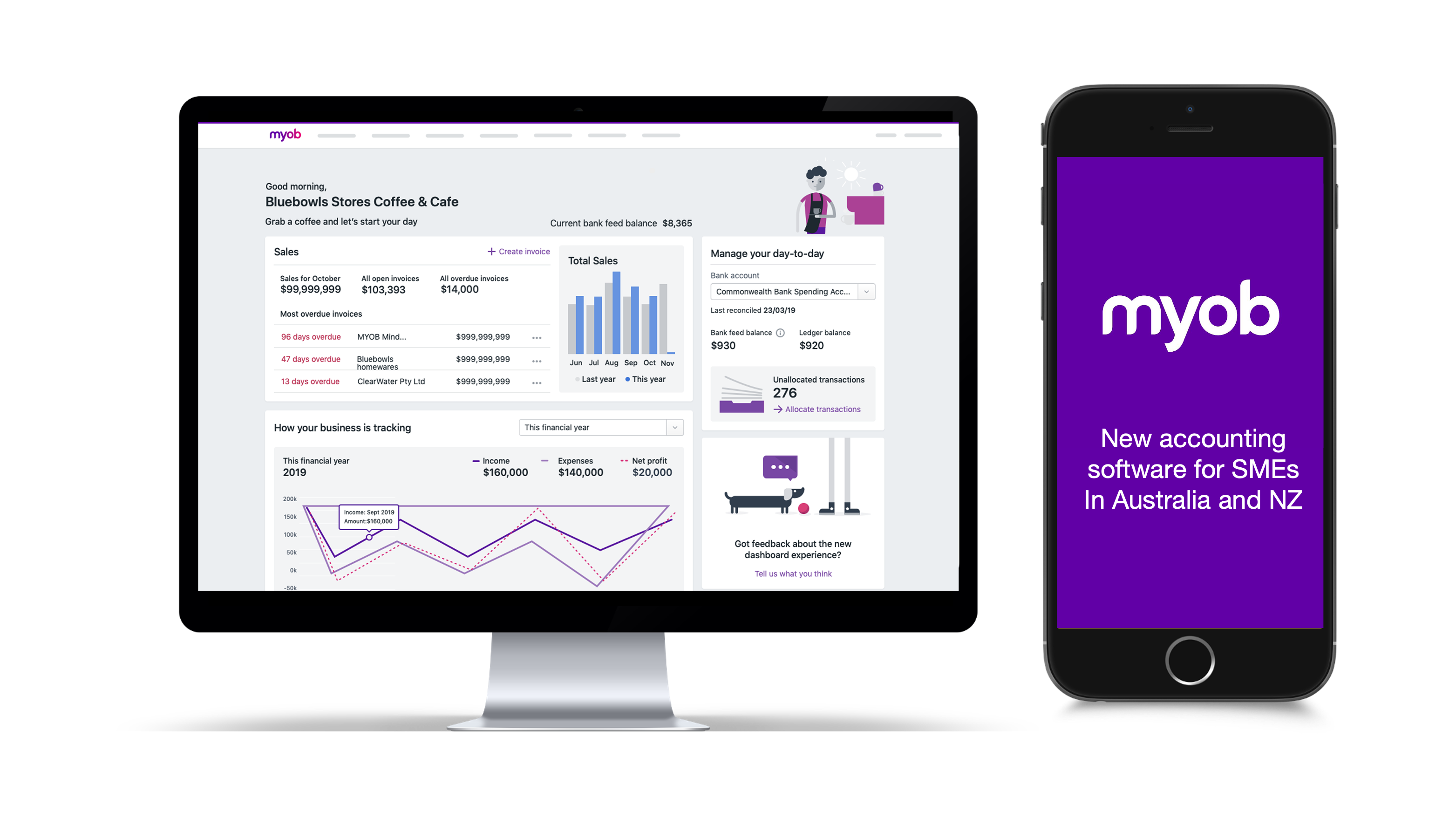 MYOB accounting product shown on desktop and mobile