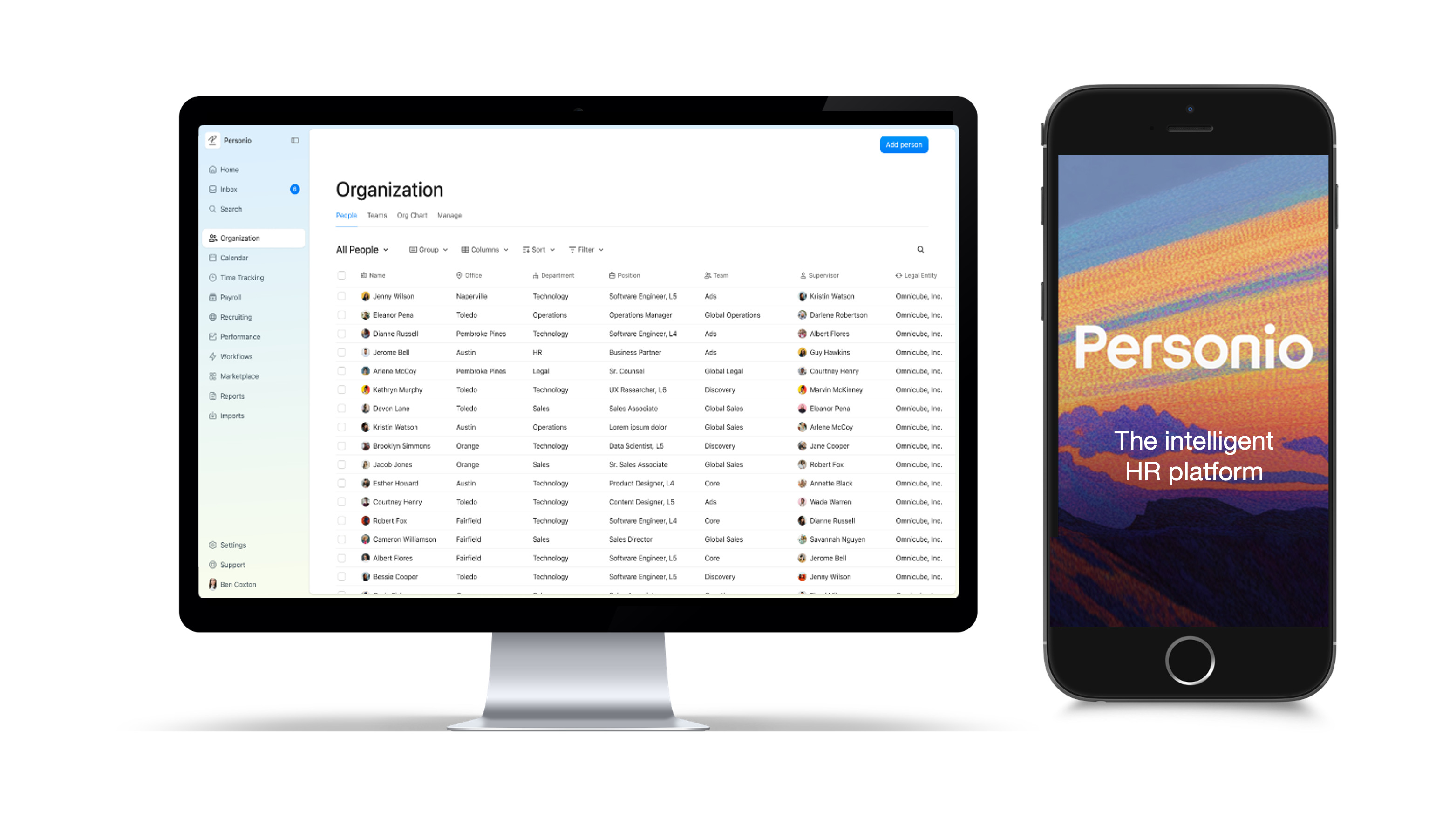 Personio HR product shown on desktop and mobile