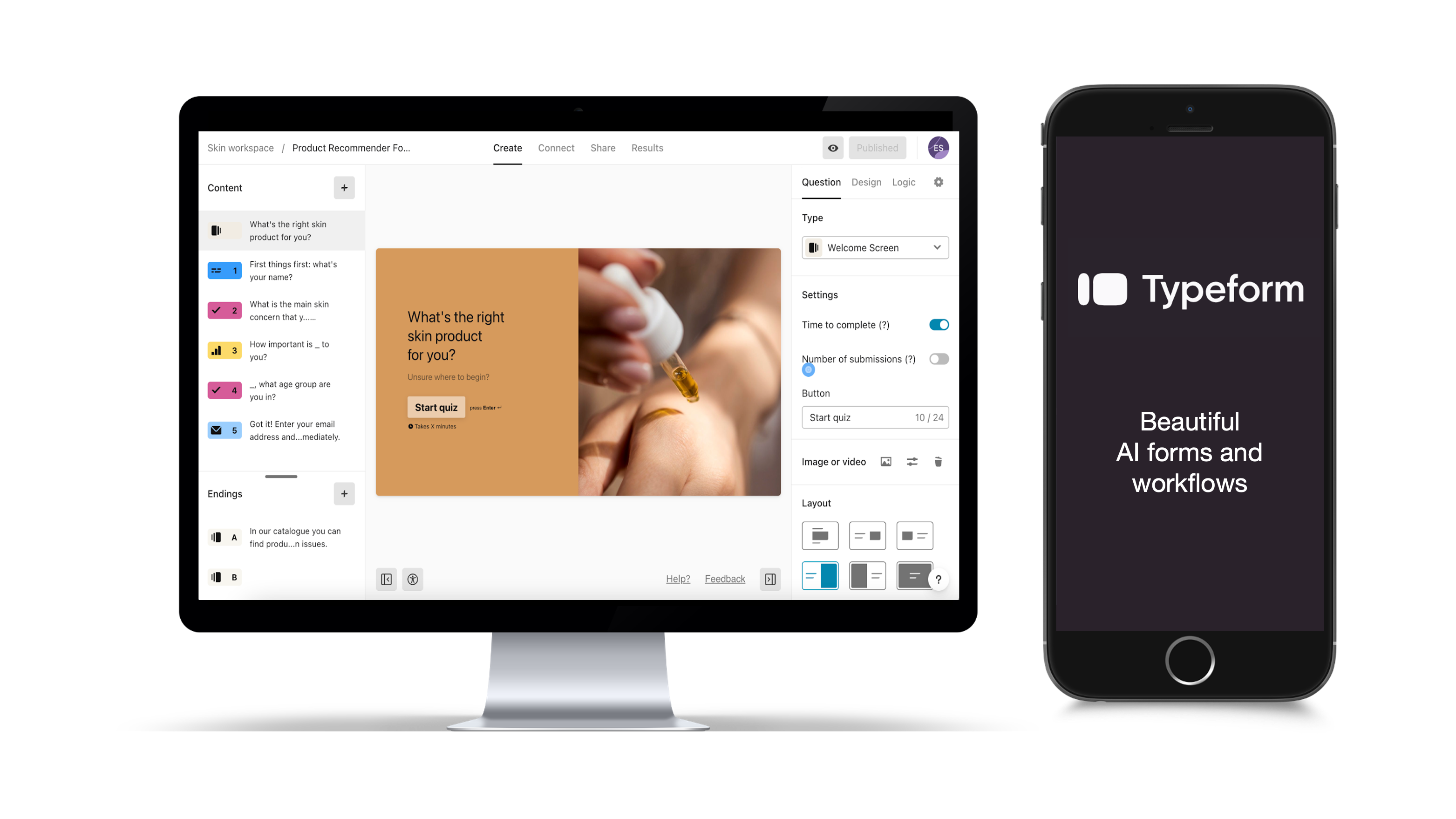Typeform creation product shown on desktop and mobile